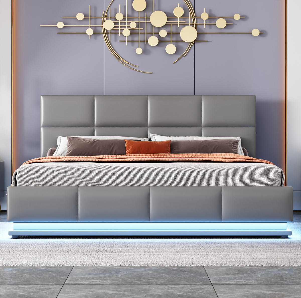 POLSTERBETT 160/200 cm mit LED-Beleuchtung, Metalllattenrost und hydraulischem Bettkasten, Grau - Grau, Textil (160/200cm) - Redom