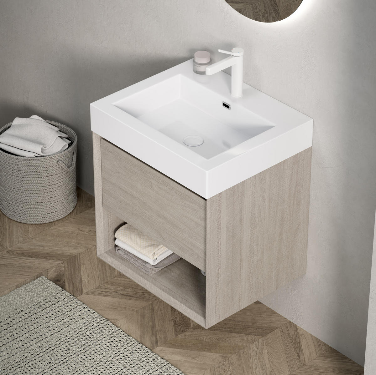 WASCHTISCHKOMBI 55 cm in Eiche/Weiß mit Soft-Close-Schublade und offenem Fach - Creme, Kunststoff (55/60/46cm) - BEAOK