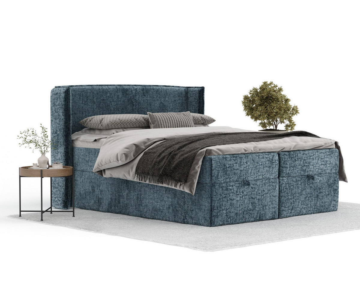 BOXBETT Passion Blau Grau 180/200 cm mit Matratze und Topper - Blaugrau/Schwarz, Holz/Holzwerkstoff (180/200cm) - Maison de Reve