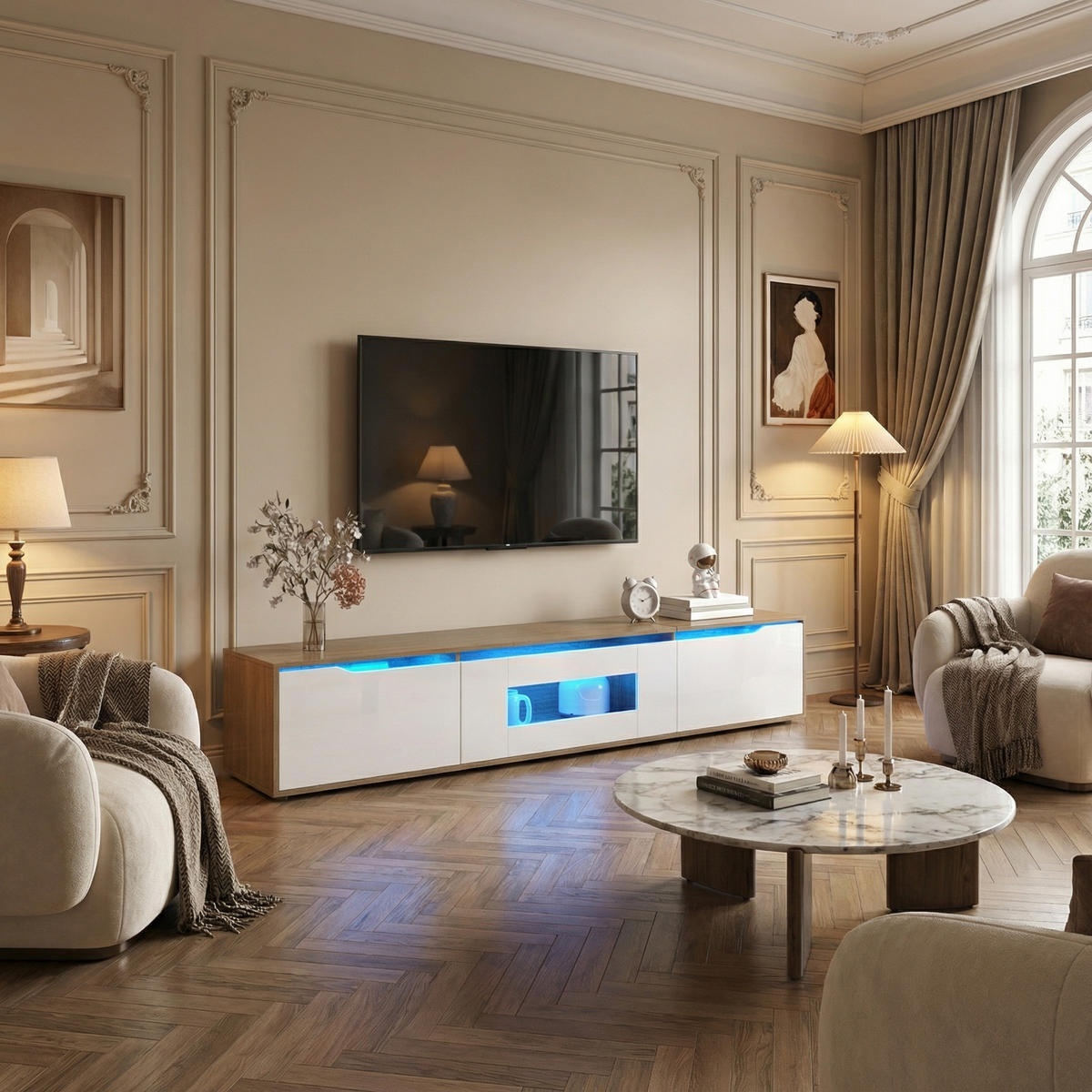 TV-LOWBOARD 180 cm in Weiß Hochglanz & Holz-Optik - Weiß, Holzwerkstoff (180/30/35cm) - Urban Meuble