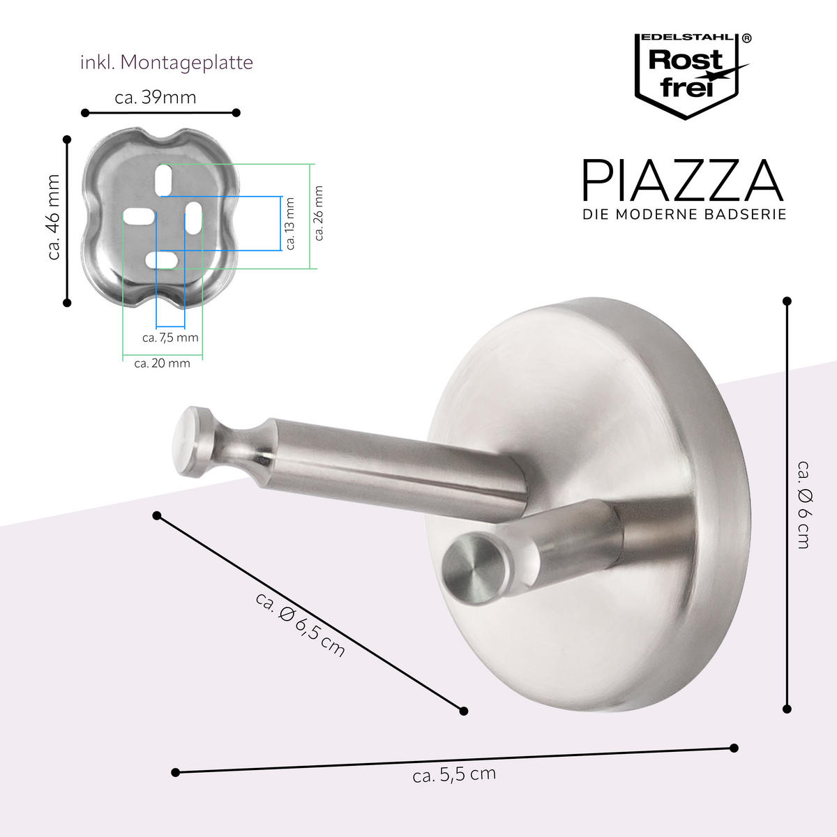HANDTUCHHAKEN PIAZZA Edelstahl, inkl. Klebeset - Edelstahlfarben, Metall (5.8/5.5/5.8cm) - bremermann