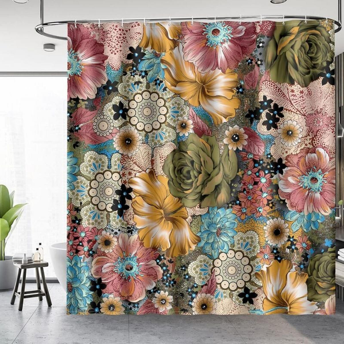 DUSCHVORHANG Boho 72 x 72 cm floral mehrfarbig mit Haken - Multicolor, Textil (180/180cm) - MCBOSON