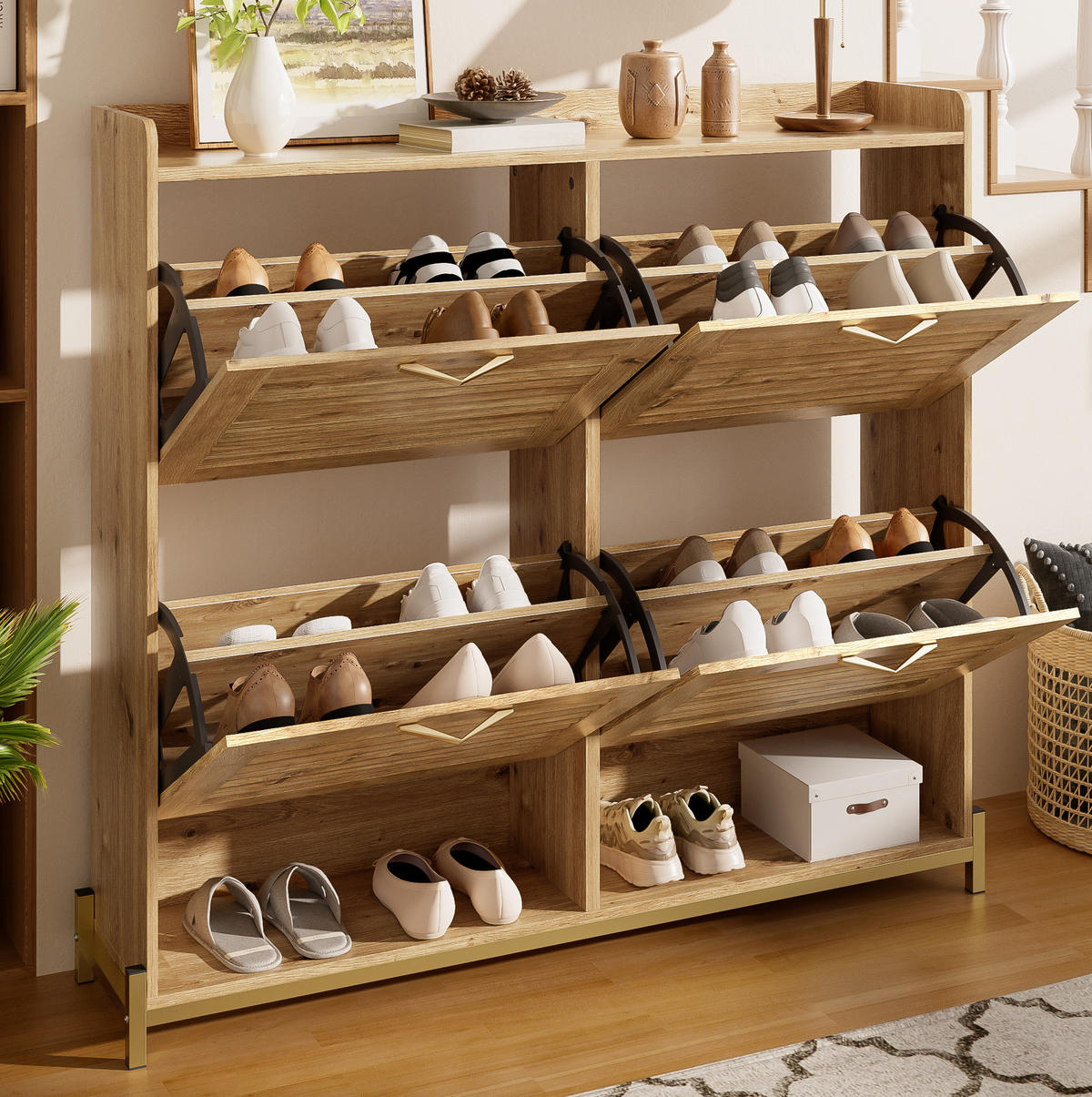 SCHUHSCHRANK 108,5/24/100 cm mit 4 Türen in Holzoptik und Metallgestell - Naturfarben, Holzwerkstoff (108.5/100/24cm) - BEAOK