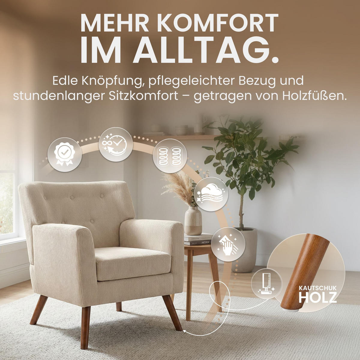 SESSEL Cord Creme - Creme/Braun, Holz/Textil (72/80/74cm) - CLP