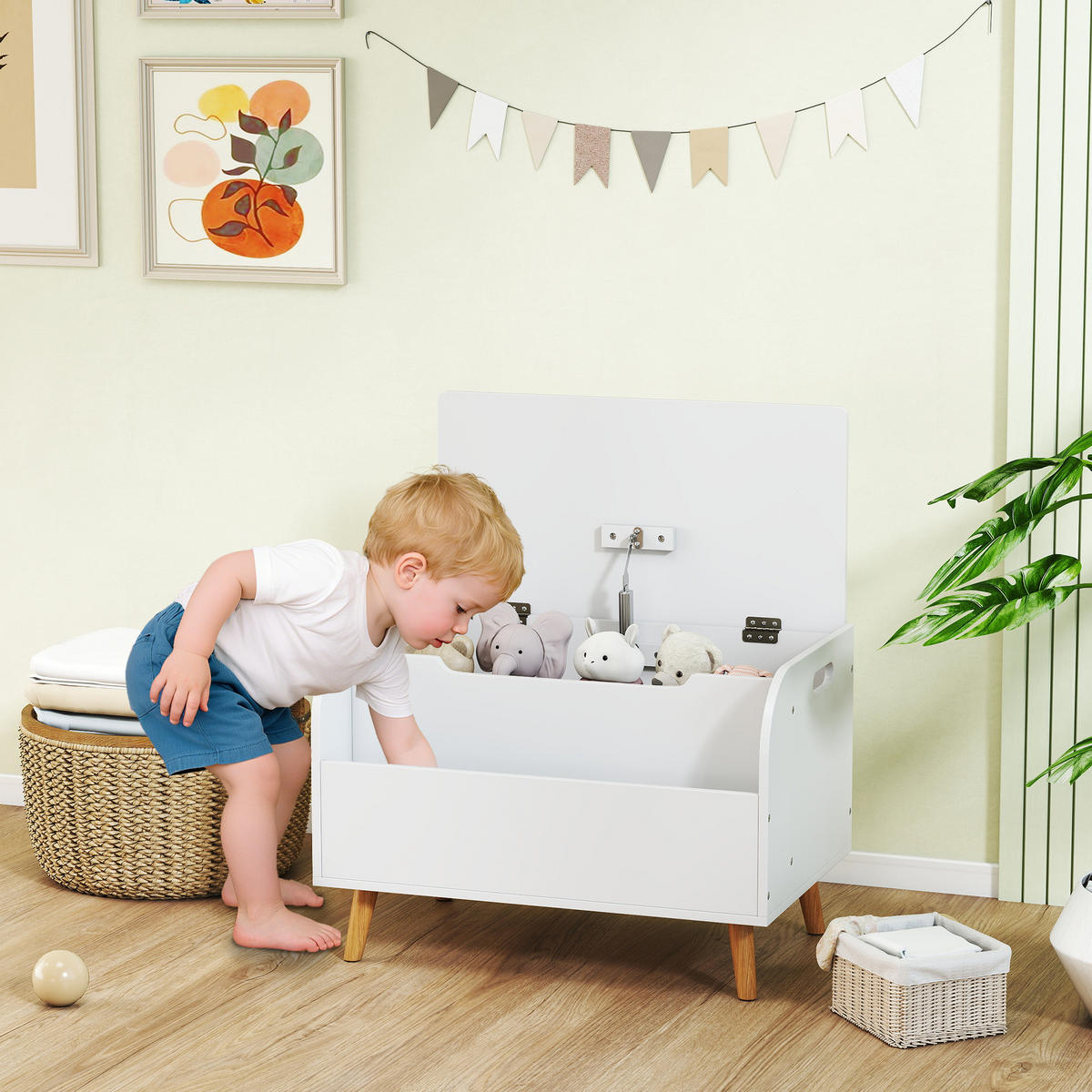 SPIELZEUGTRUHE DE-17281 2-in-1 mit Bücherregal & Sicherheitsscharnier Weiß - Weiß, Holzwerkstoff (40/60cm) - ComfortXL