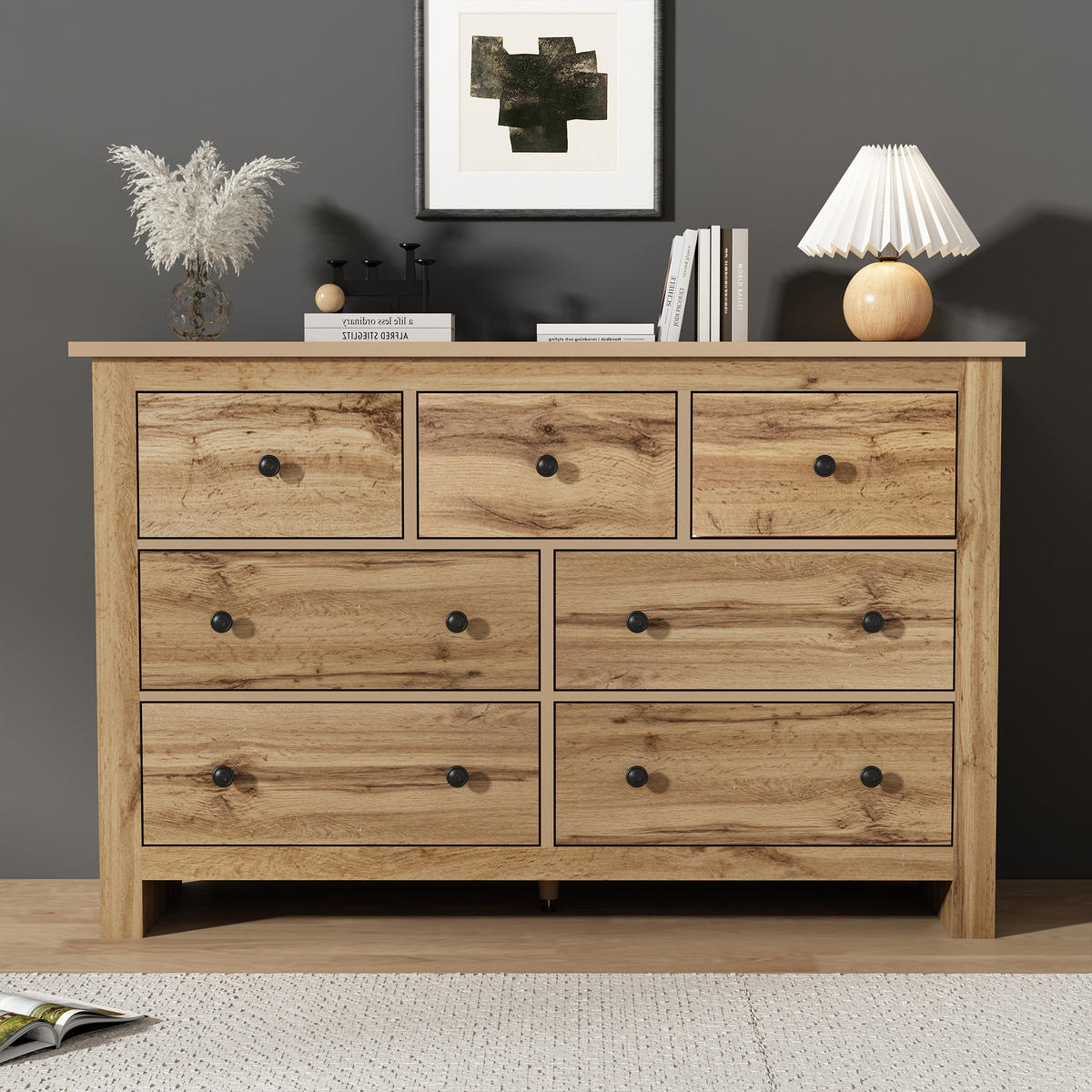SIDEBOARD Holz 7 Schubladen Modern Stauraum Minimalistisch - Naturfarben, Holzwerkstoff (40/89/152cm) - FLIEKS