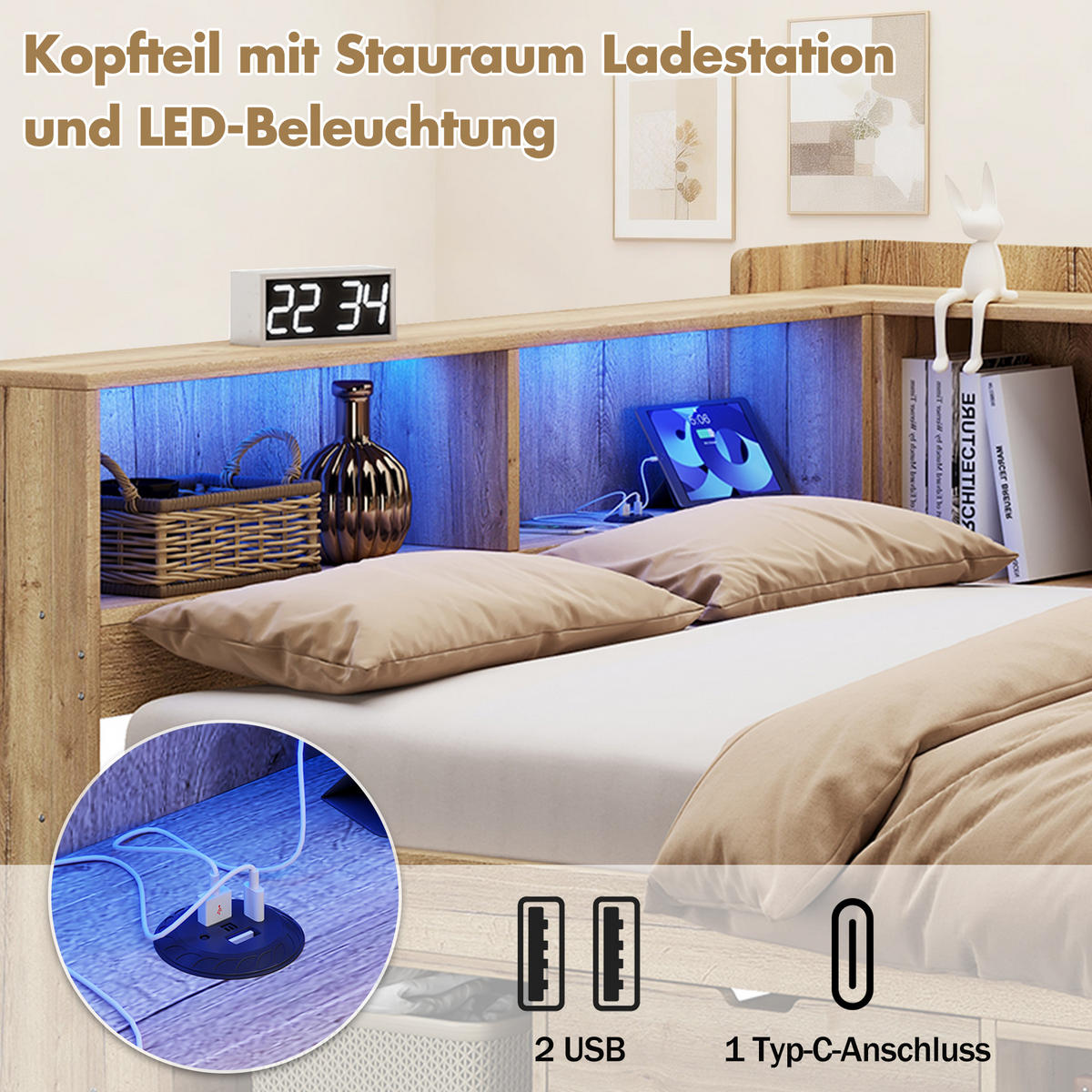 KINDEREINZELBETTEN aus MDF in Natur mit LED-Beleuchtung, USB/Type-C & Schreibtisch - Naturfarben, Holzwerkstoff (90/200cm) - Modfu