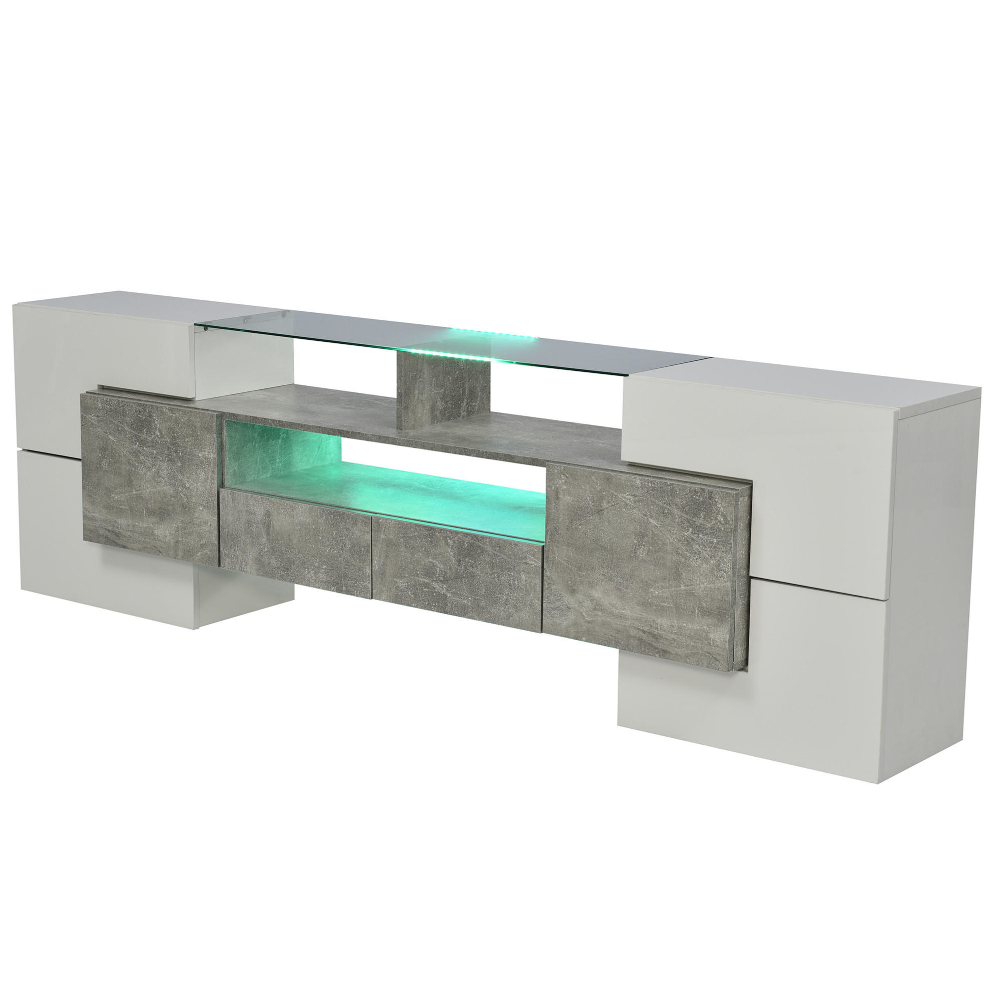 Modfu TV stolek z MDF 200x35x60 cm bílý a šedý s LED osvětlením, 6 dvířky a 2 zásuvkami