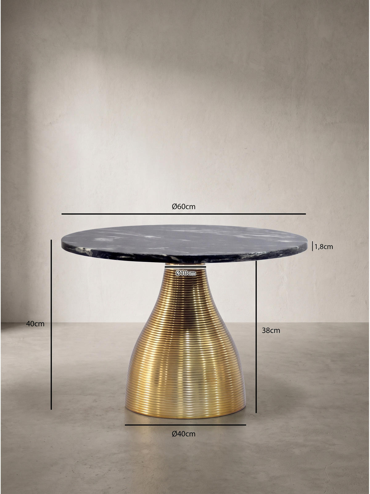 COUCHTISCH TORMES, Marmor, handgefertigt, Schwarz-Gold, Ø 60 x 40 cm - Goldfarben/Schwarz, Stein/Metall (60/60/40cm) - KADIMA DESIGN