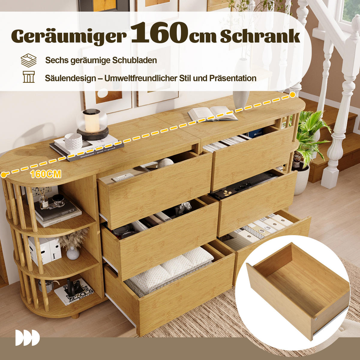 SIDEBOARD Oak 160/40/75 cm mit 6 Schubladen und offenen Regalen - Eichefarben, Naturmaterialien (160/75/40cm) - PANGIVO