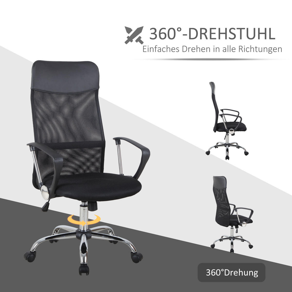 ERGONOMISCHER, Bürostuhl, Netz, Schwarz - Schwarz, Kunststoff (65/119/63cm) - HOMCOM
