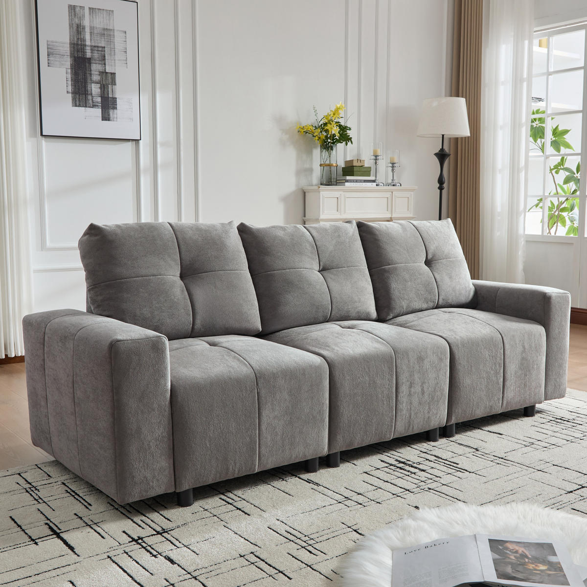 3-SITZER SOFA Chenille Grau mit Schlaffunktion - Grau, Holzwerkstoff/Kunststoff (213/84/94cm) - WISHDOR