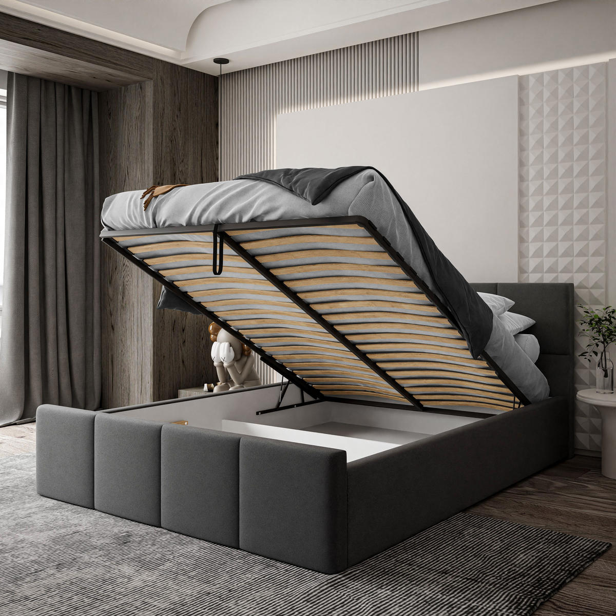POLSTERBETT AVA 160x200 cm Jasmine 96, 34 Holzlatten, Kopfteil 91 cm - Grau, Textil (160/200cm) - Lookway