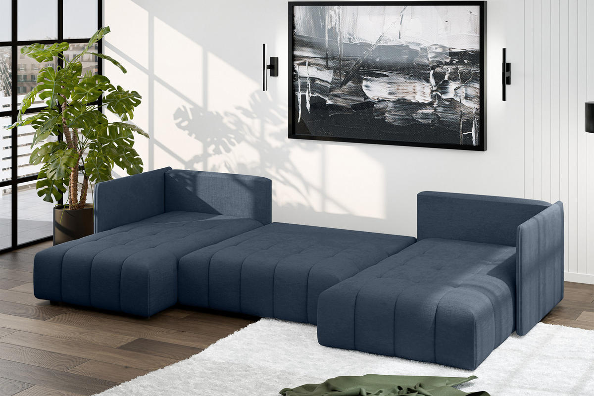 WOHNLANDSCHAFT Veliro U Blau 353/180/83 cm mit Schlaffunktion und Bettkasten - Blau/Schwarz, Kunststoff/Textil (353/83/180cm) - AX Living