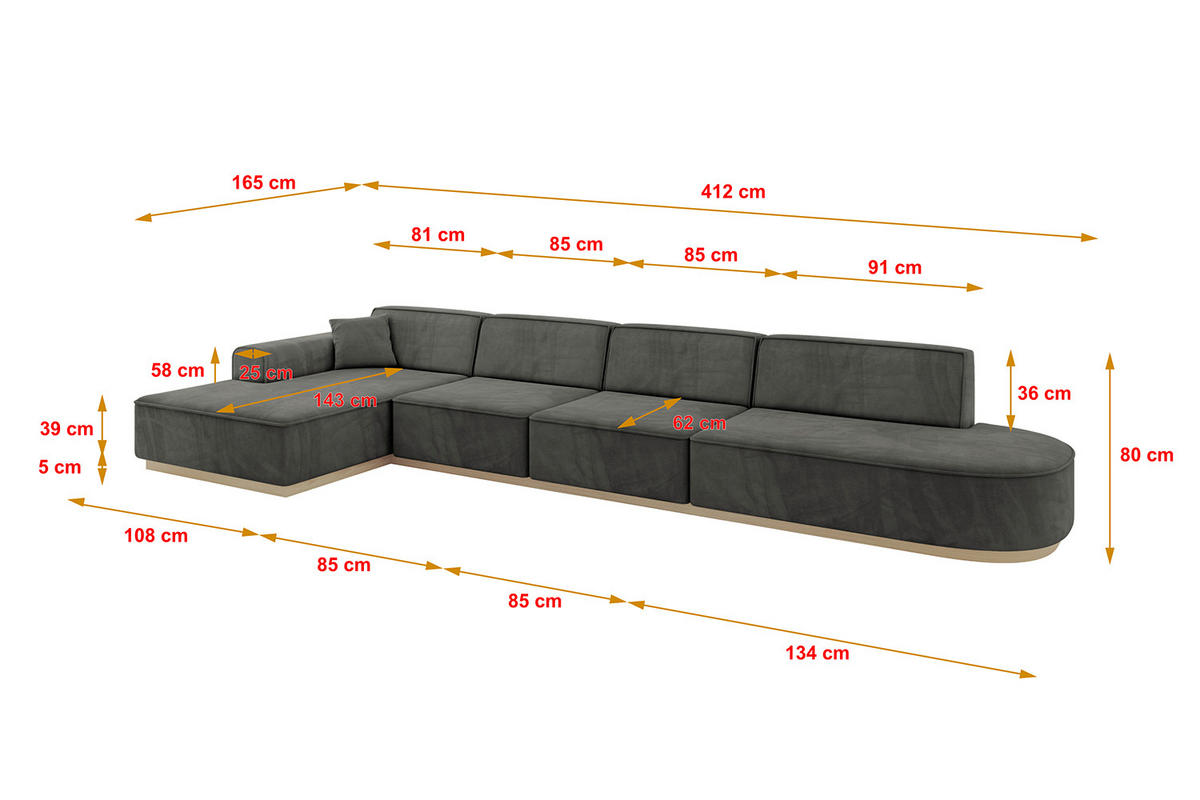 ECKSOFA Ottomane Links IREA-L3 - 412x165x80 cm Ecru - Anthrazit, Holzwerkstoff/Textil (412/165cm) - ALTDECOR