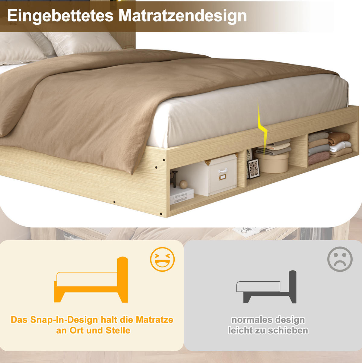 DOPPELBETT 180/200 cm mit USB- & Type-C-Anschluss, drehbaren Leselampen, 2 Nachttischen und Stauraum, MDF, Helle Eiche - Eichefarben, Holzwerkstoff (180/200cm) - Redom