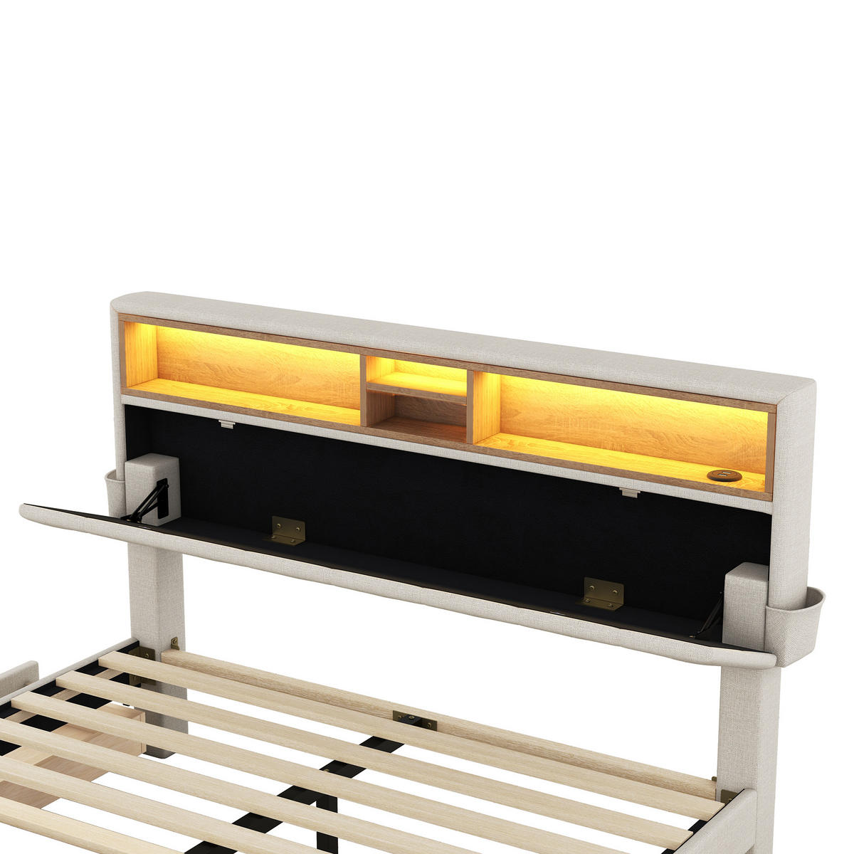 DOPPELBETT 140x200cm Beige Polsterbett LED USB 4 Schubladen Kopfteil - Beige, Holz (140/200cm) - FLIEKS