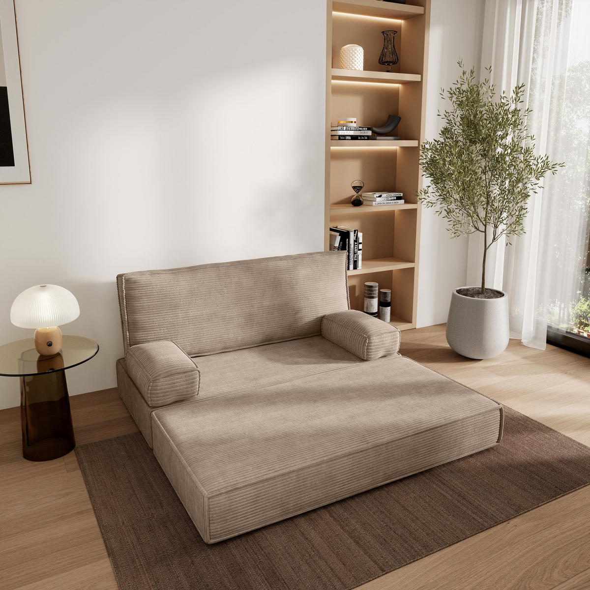 POHOVKA z pěny LADIA s funkcí spaní Manšestrová látka Béžová - béžová, textil (140/86/60cm) - MASSENO