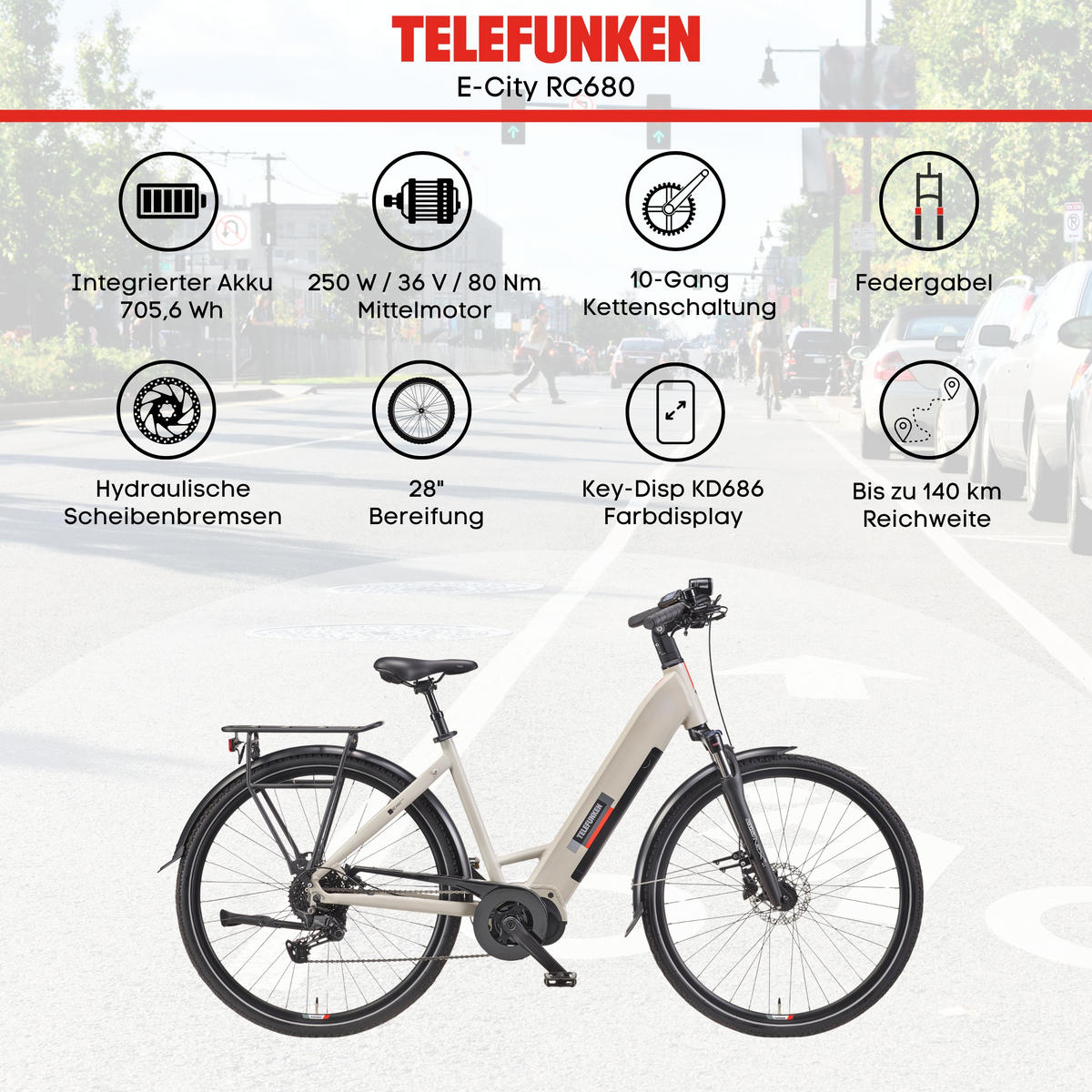E-BIKE Cityrad RC680 Elektrofahrrad 28 Zoll Mittelmotor 10-Gang Kettenschaltung 705,6 Wh Pedelec - Grau, Metall (115cm) - Telefunken