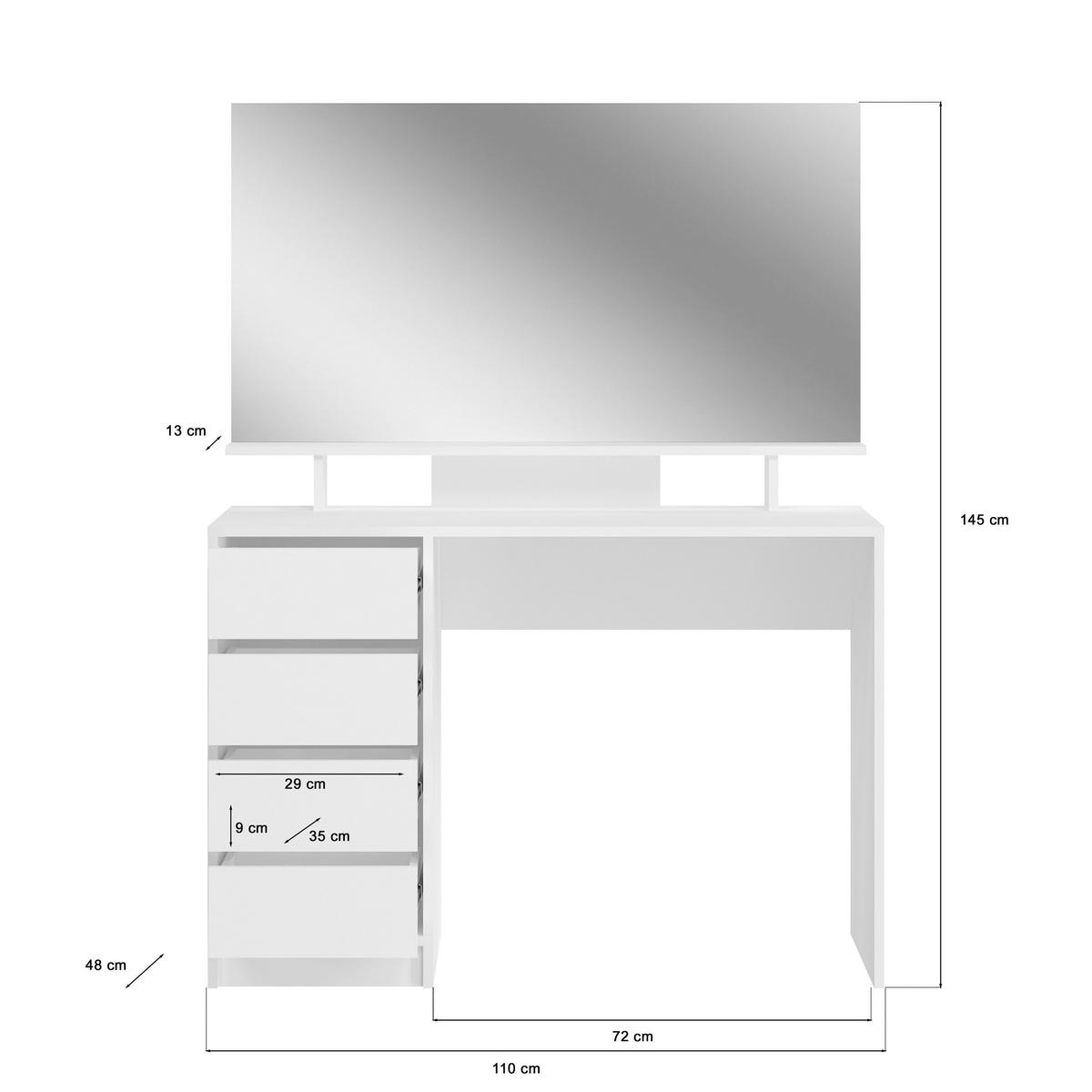 SCHMINKTISCH mit Spiegel Maja (B/H/T: ca. 110/145/48 cm) in Weiß/weiß hochglanz - Weiß, Holzwerkstoff (110/145/48cm)