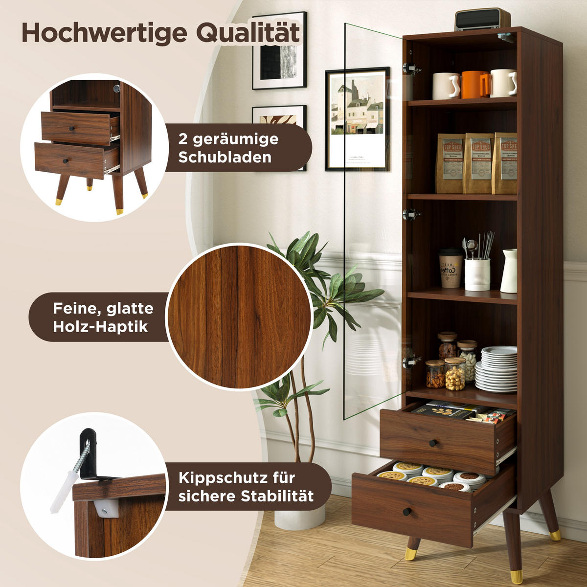 VITRINE in Walnussfarben mit Glastür und 2 Schubladen für Wohnzimmer, B39,8/T35/H160 cm - Transparent/Walnussfarben, Glas/Holzwerkstoff (39.8/160/35cm) - STILVORA