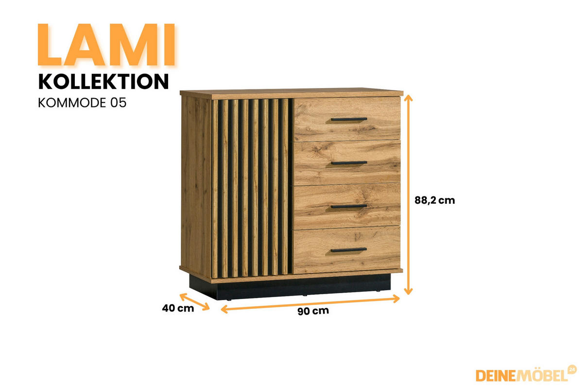 KOMMODE LAMELO 5 90/89/40 cm in Wotan Eiche / Schwarz Matt mit Lamellen - Eiche Wotan/Schwarz, Holzwerkstoff (90/89/40cm) - Deine Möbel 24