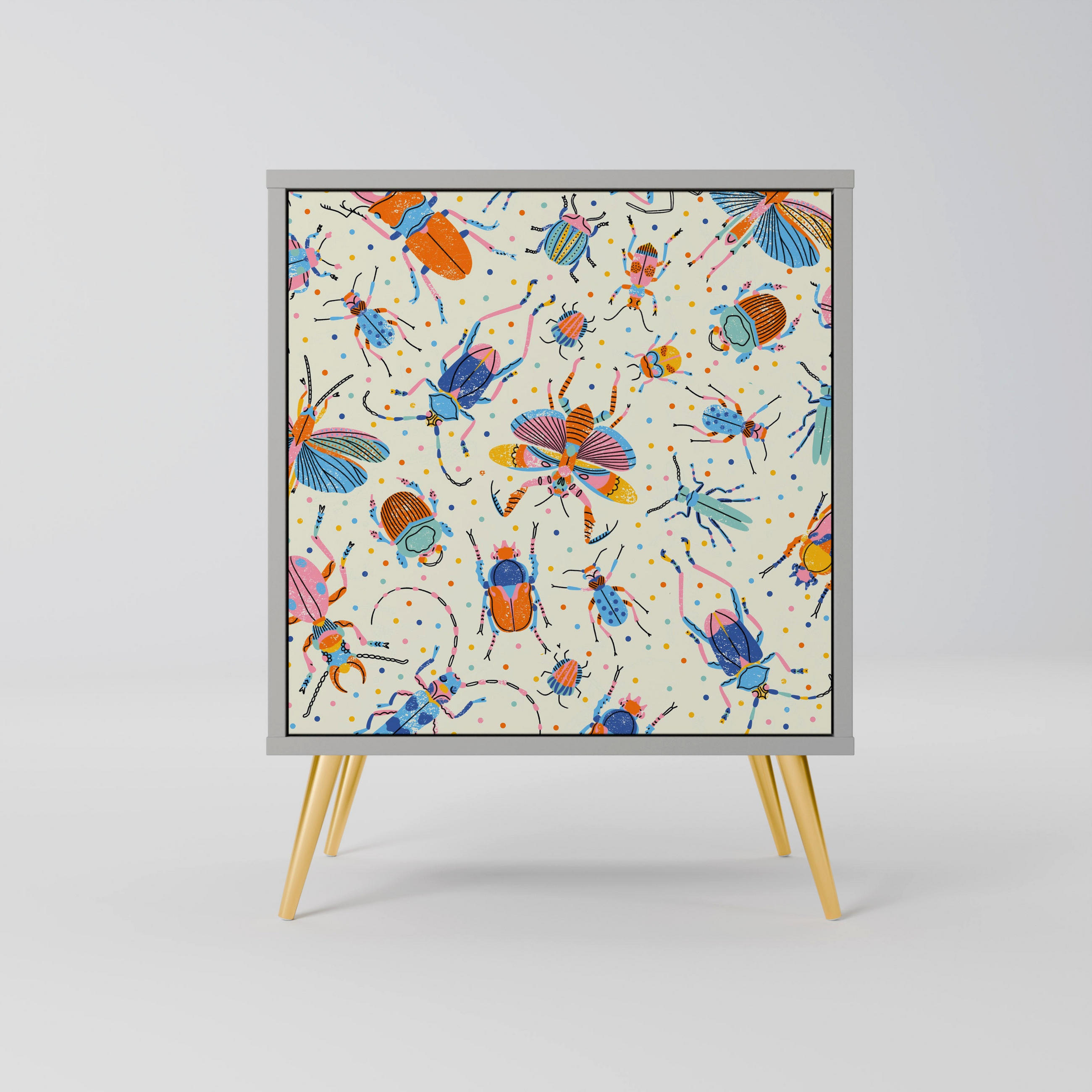 SIDEBOARD COLORFUL INSECTS, Grau, 57,5x42x75,5 cm, Goldfarbene Metallfüße - Goldfarben/Multicolor, Holzwerkstoff/Metall (57.5/75.5/42cm) - SpaceRebels