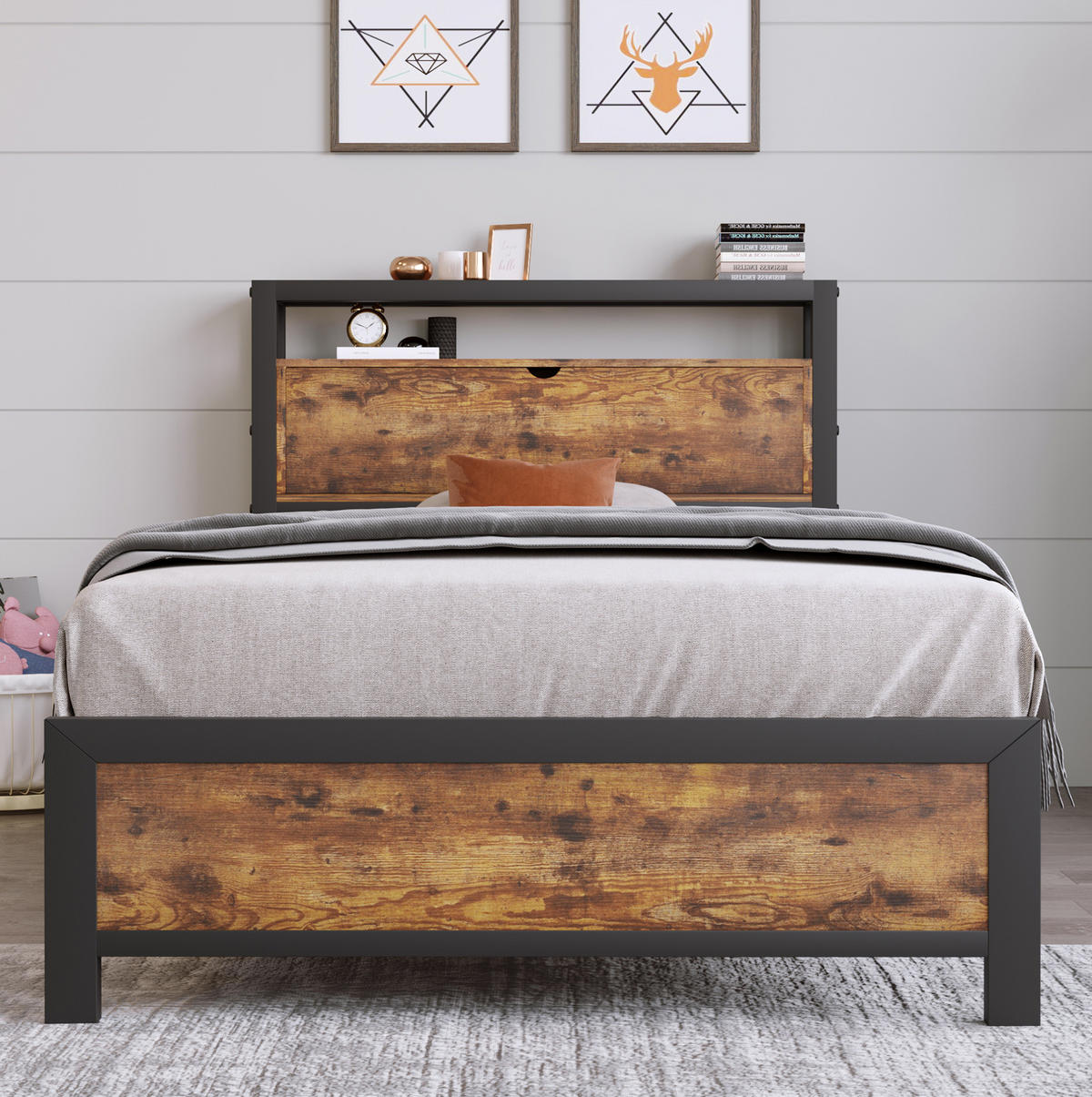 JUGENDBETT 90/200 cm aus Metall und Holzwerkstoff mit Stauraum-Kopfteil Natur/Schwarz - Naturfarben, Metall (90/200cm) - Modenvie