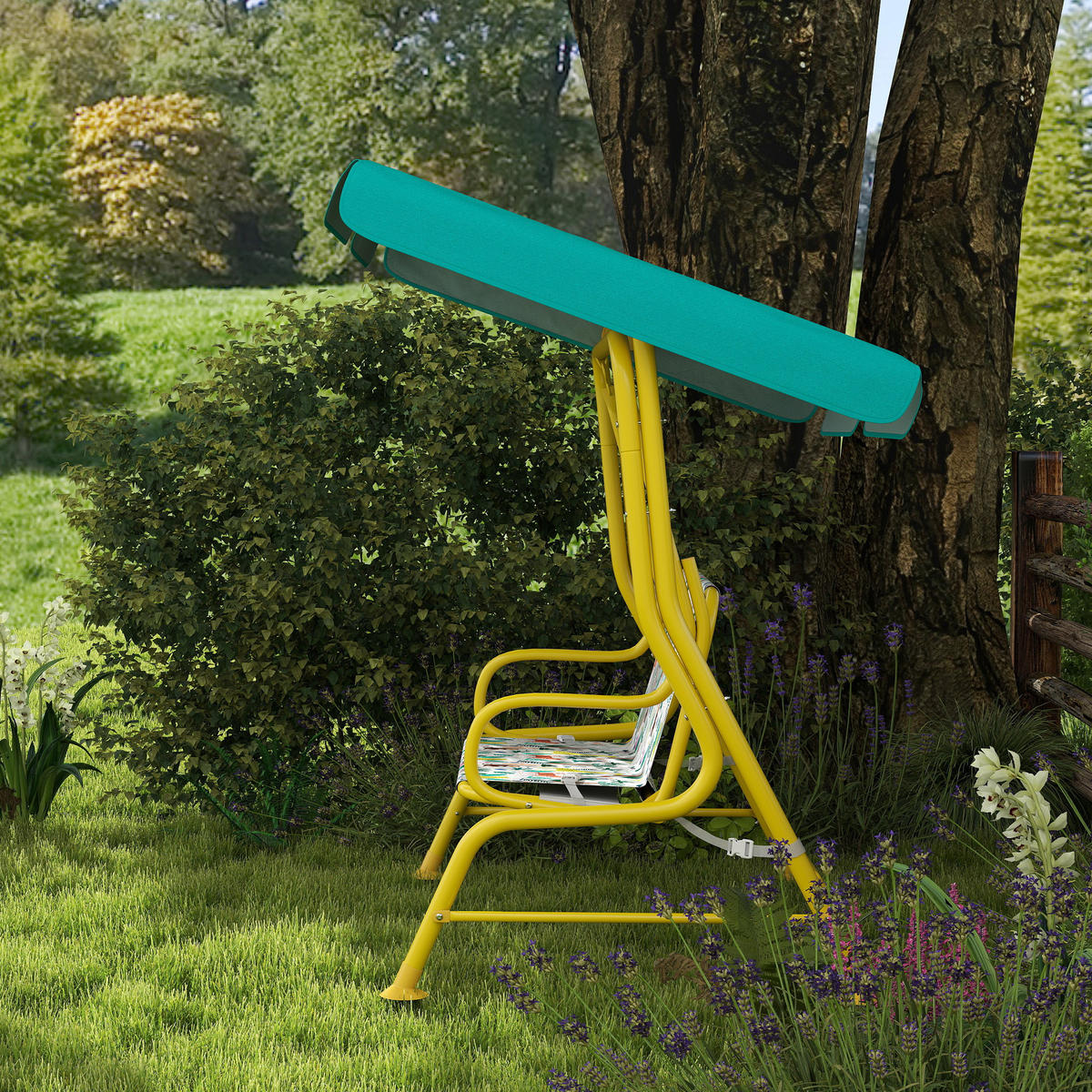 KINDER Hollywoodschaukel, 2-Sitzer Kinderschaukel mit verstellbarem Sonnendach - Gelb/Grün, Textil/Metall (75/120/112cm) - AIYAPLAY