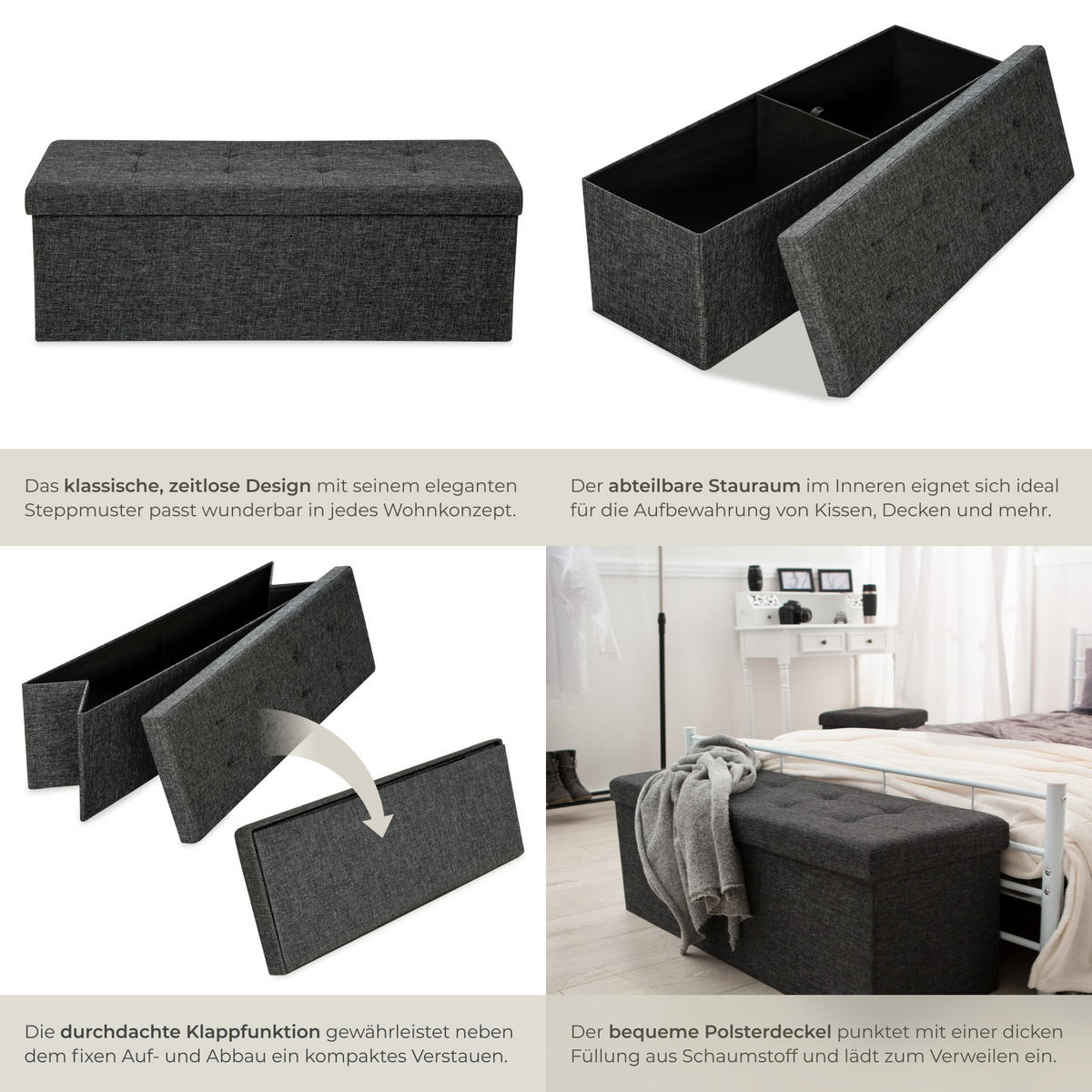 SITZHOCKER mit Stauraum, 110 x 38 x 38 cm,dunkelgrau - Dunkelgrau, Textil (38/38/110cm) - tectake