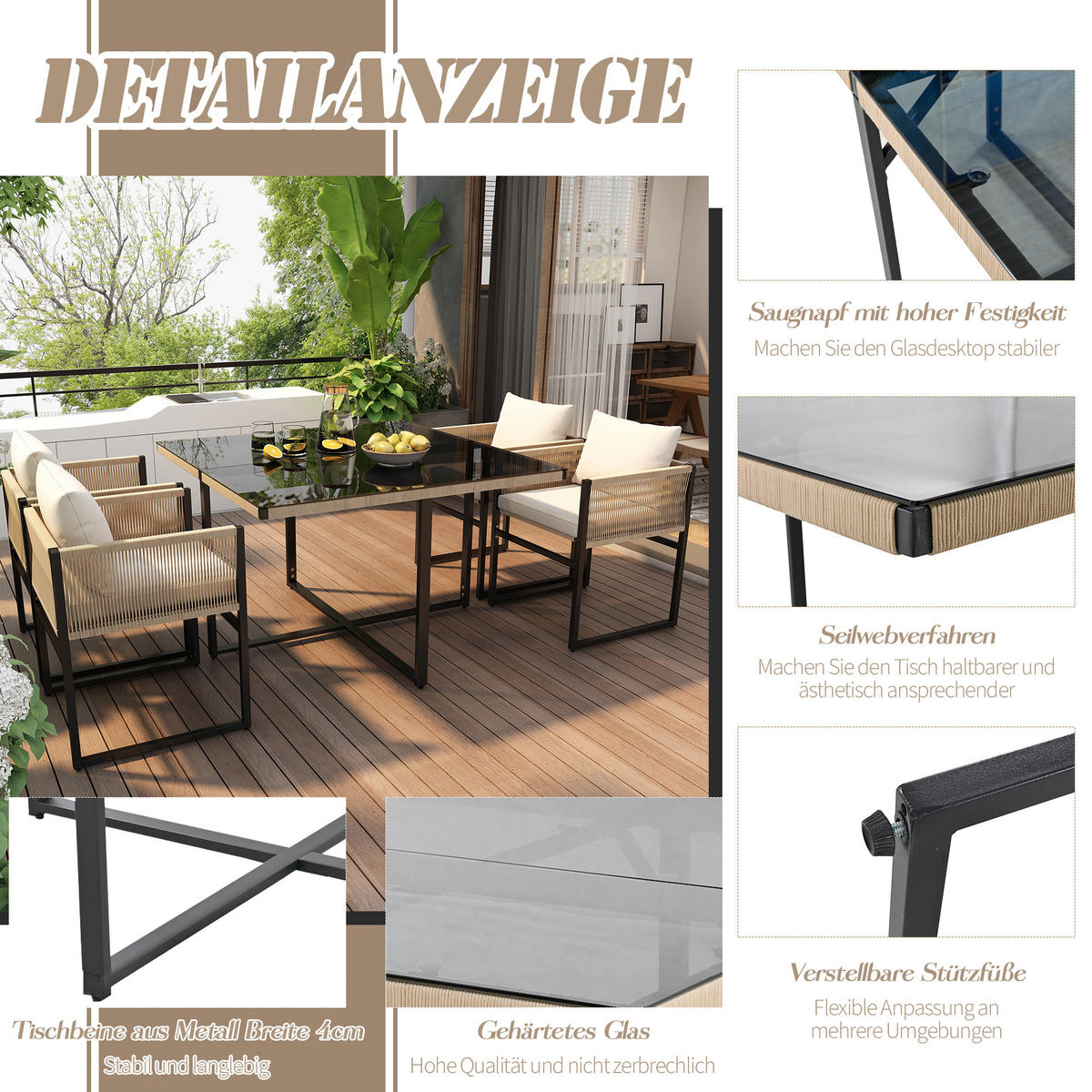 GARTENESSGRUPPE 5-tlg. Tisch 4 Stapelstühle Seil Eisen Glas - Beige, Metall - FLIEKS