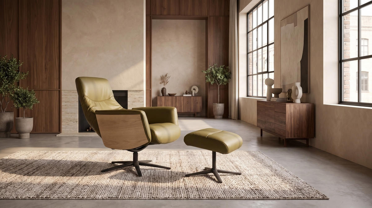 RELAXSESSEL VANITAS Grün Leder Relaxfunktion - Schwarz/Olivgrün, Leder/Metall (75/108/86cm) - KAWOLA
