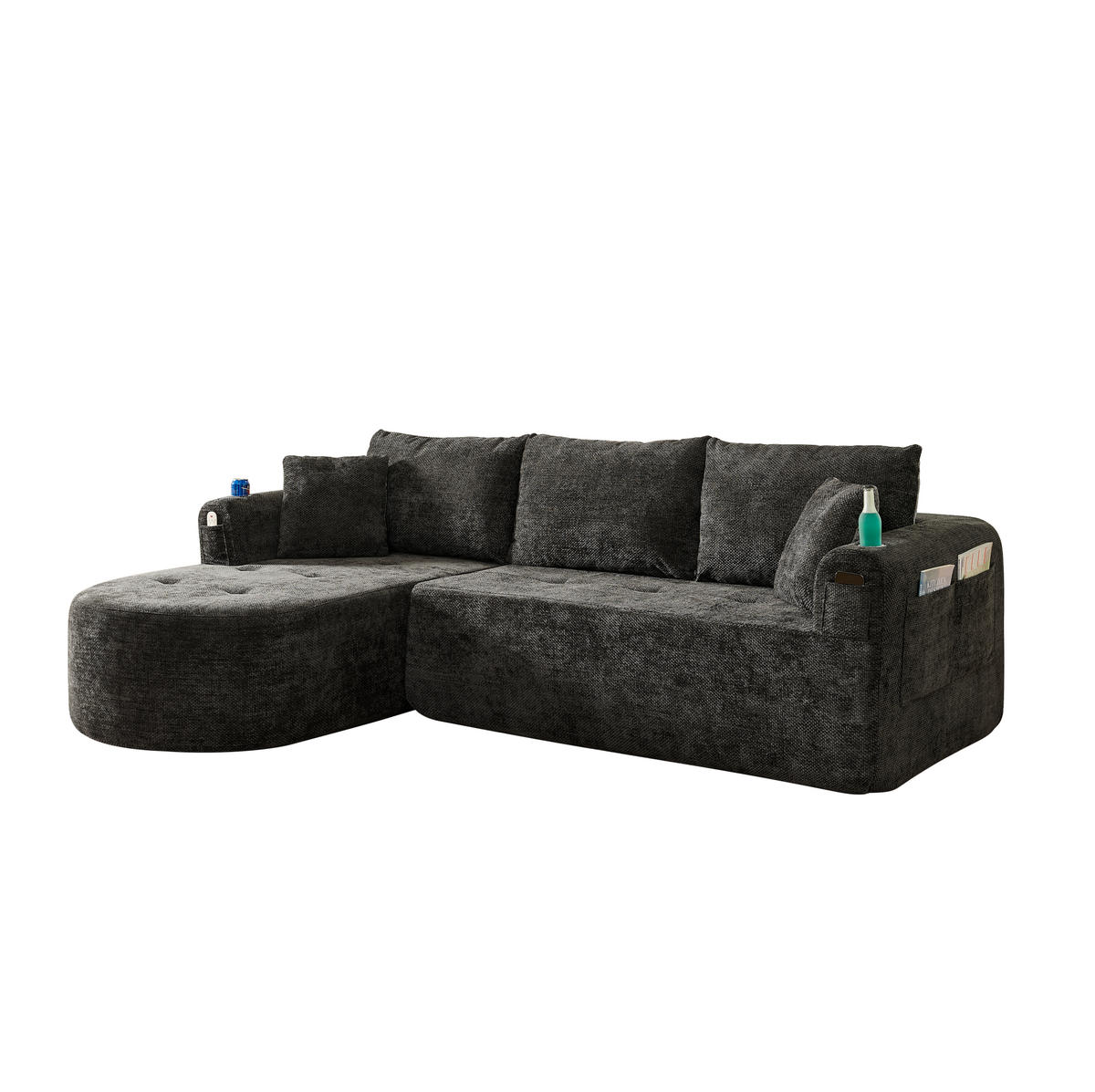 ECKSOFA L-Form montagefrei mit Edelstahl-Becherhalter, Seitentaschen und Leinenbezug, Schwarz - Schwarz, Textil (255/170cm) - Redom