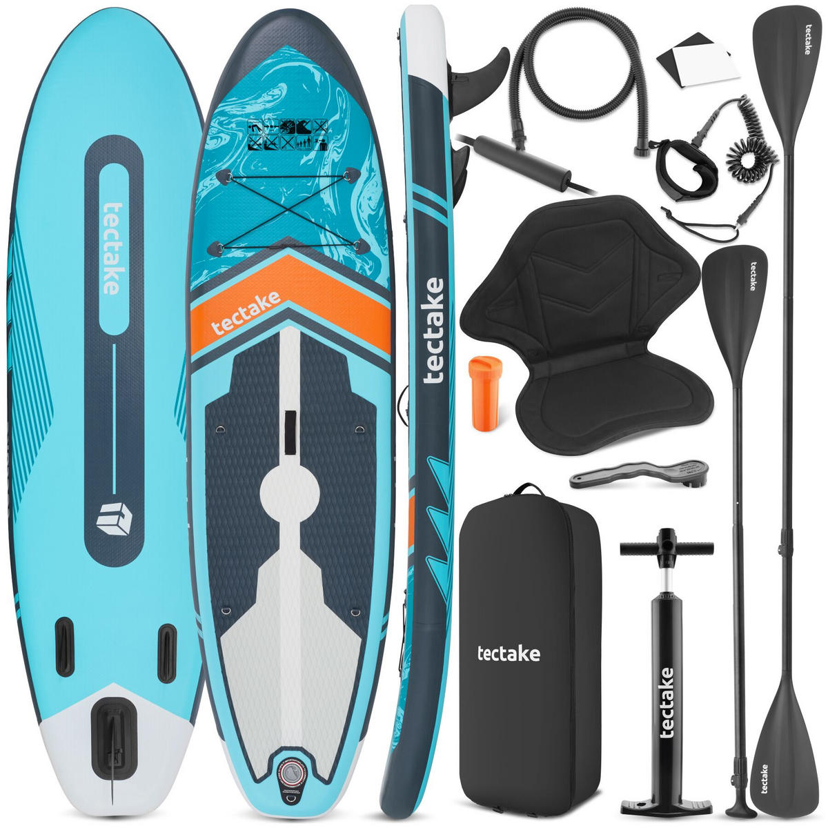 STAND-UP-PADDLE-BOARD 2in1 , 288 x 77 x 22,5 cm, türkis/orange - Türkis, Kunststoff (288/77/0.23cm) - tectake