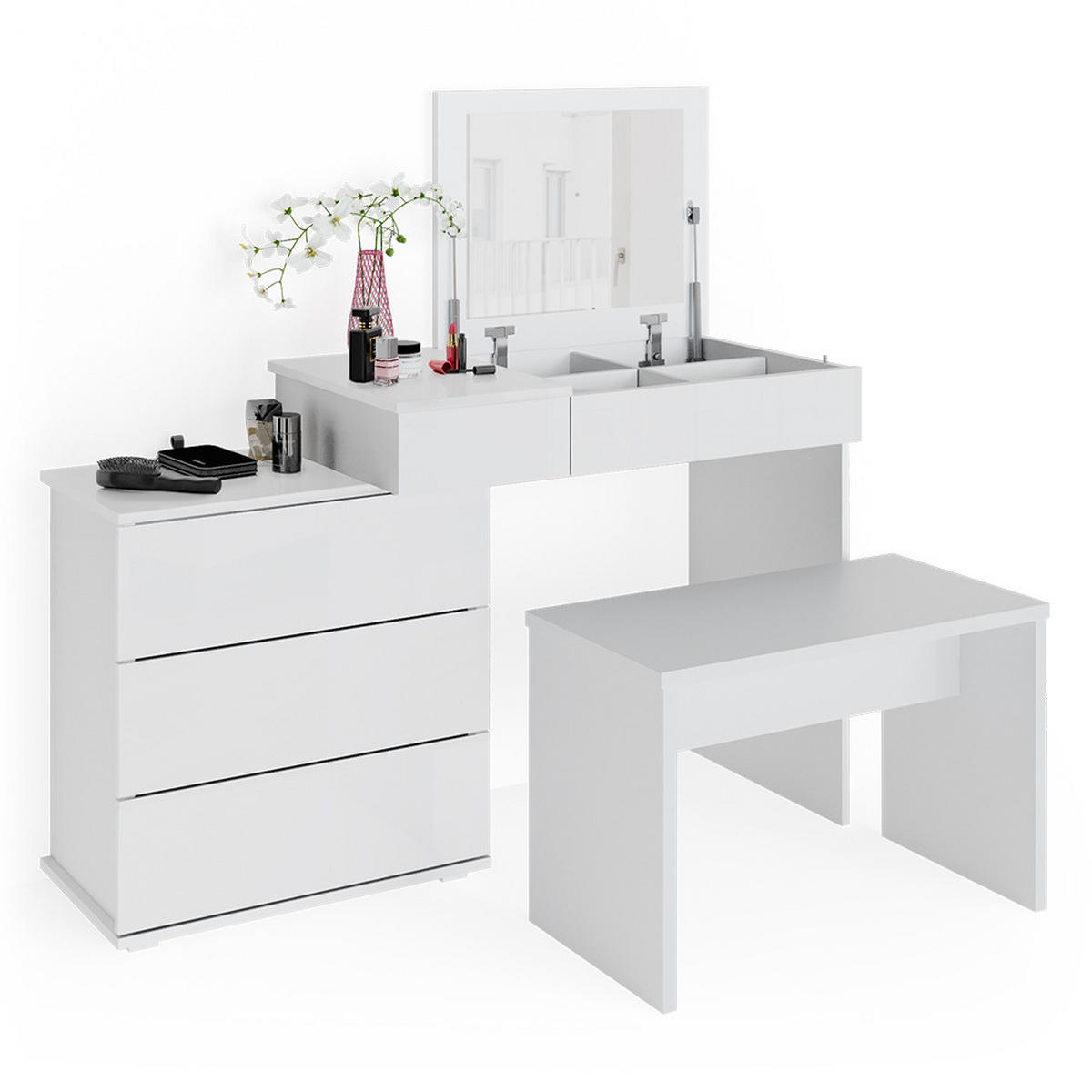 SCHMINKTISCH Lotos Weiß 117.4 cm mit Bank - Weiß, Holzwerkstoff (117.4/78/45cm) - Vicco