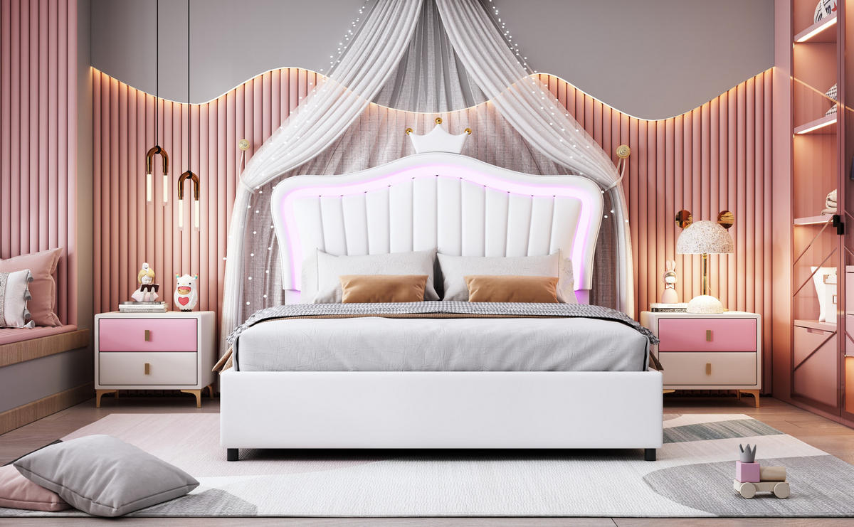 KINDERBETT 140x200 cm LED Krone weiß - Weiß, Textil (140/200cm) - LEBENLANG