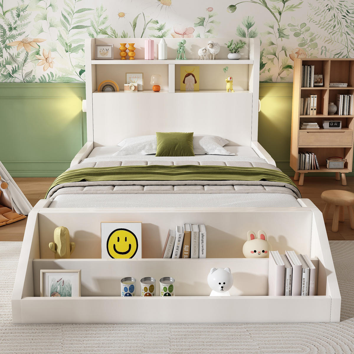 KINDERBETT 90/200 cm in Weiß mit Regal, Nachtlichtern und Lattenrost Holz - Weiß, Holzwerkstoff (90/200cm) - STILVORA