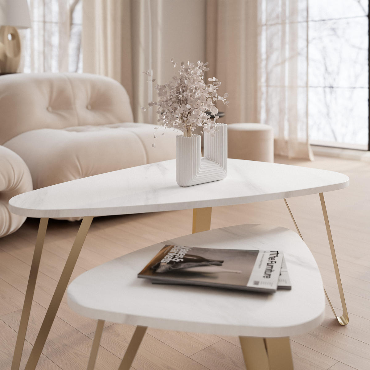SATZTISCH NOA Stahlgestell, Freiform, Gold / Bianco Marmor - Goldfarben/Weiß, Holzwerkstoff (94/60/42cm) - Idohome