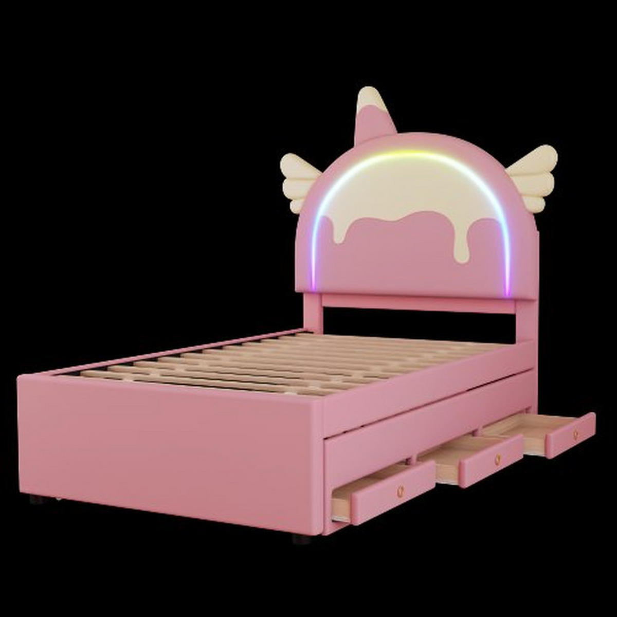 KINDERBETT 90x200 cm, Einhornform mit Ausziehbett, PU-Material, Cartoon-Stil, rosa - Rosa, Kunststoff (90/200cm)