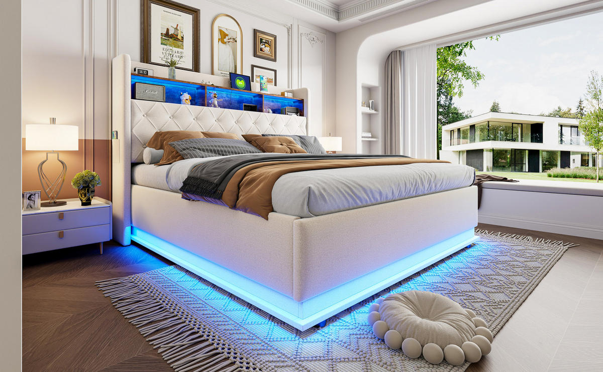 POLSTERBETT 180/200 cm Beige aus Stoff mit LED und USB - Beige, Textil (180/200cm) - OKMYHOME