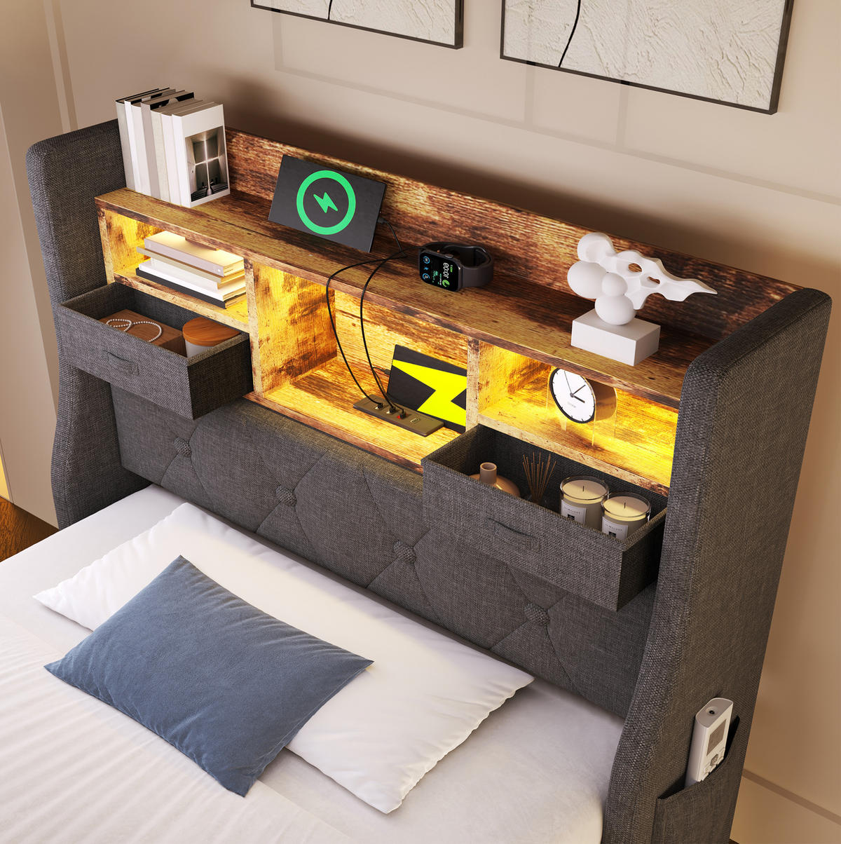 BETT mit LED und Ladestation 90x200 cm Leinen Grau - Grau, Holz (90/200cm) - Meubliv