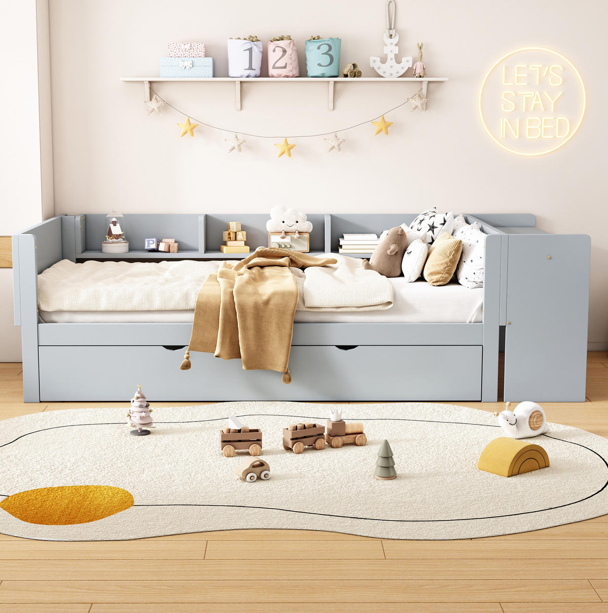 KINDERBETT 90/200 cm aus Kiefer und MDF mit Ausziehbett, Schreibtisch und 3 Regalfächern Grau - Grau, Holz (90/200cm) - Modenvie