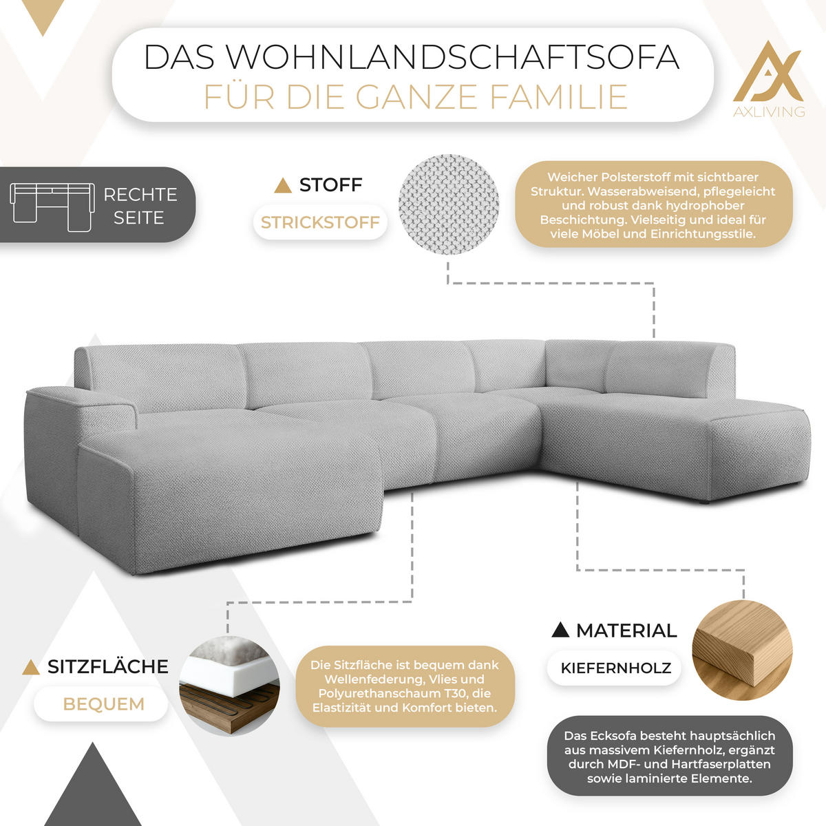 WOHNLANDSCHAFT Didim Greige 378/220/78 cm – großes Sofa stilvoll & bequem R - Greige/Schwarz, Kunststoff/Textil (378/78/220cm) - AX Living