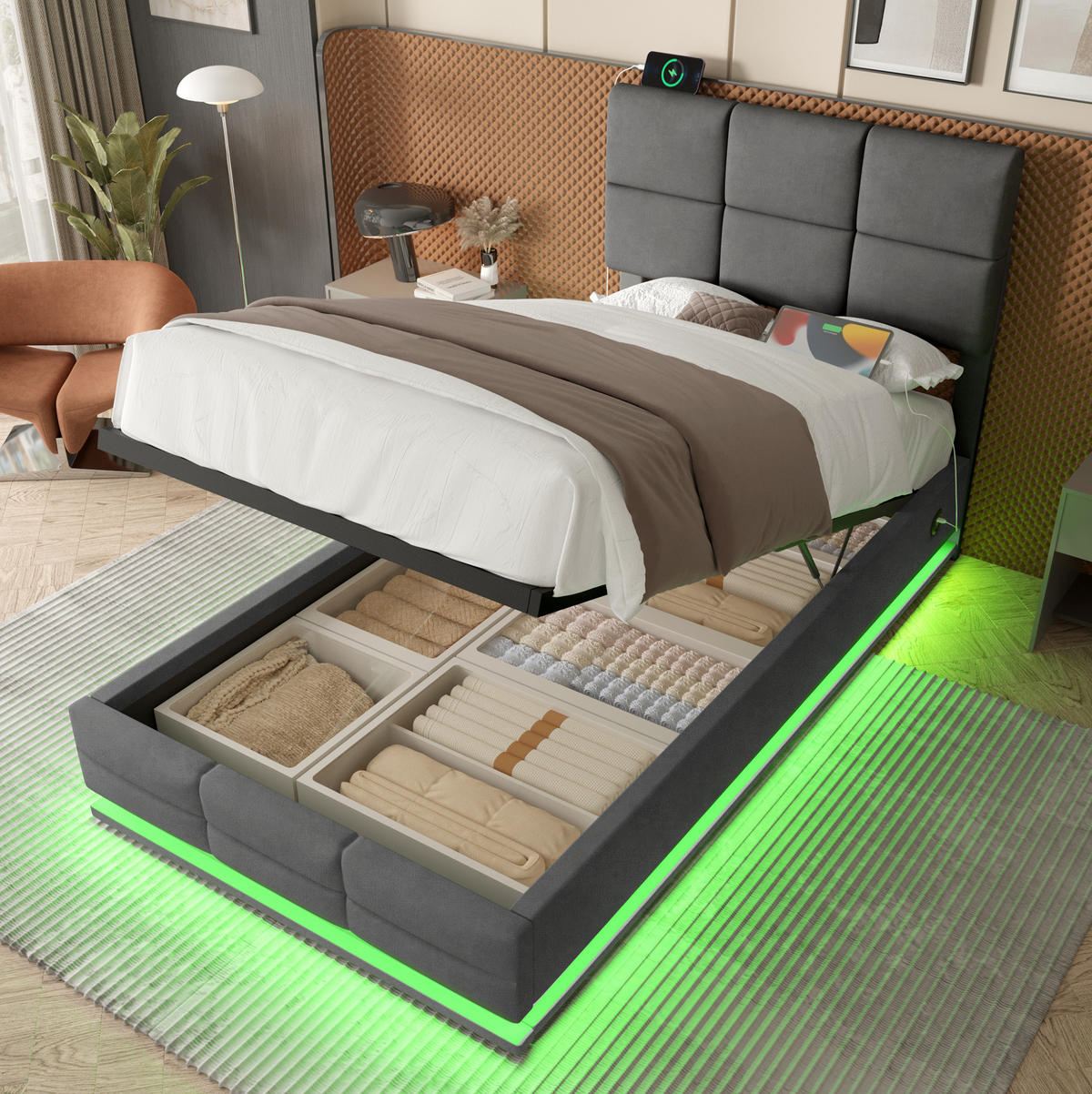 ČALOUNĚNÁ postel 90/200 cm s LED osvětlením, USB-C/USB porty a hydraulickým úložným prostorem, Tmavě šedá - tmavě šedá, textil (90/200cm) - Redom