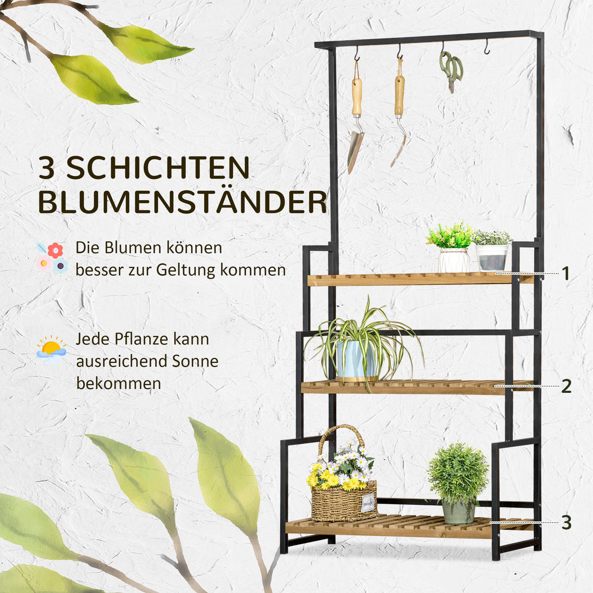 PFLANZENREGAL, Tannenholz, Eisen, Schwarz+Natur - Multicolor, Holz (36/174/80cm) - Outsunny