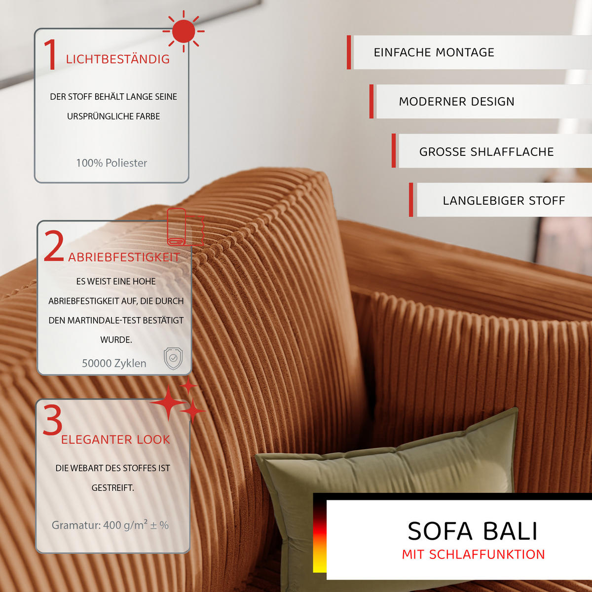 SOFA mit Schlaffunktion und Bettkasten, Ziegelrot - Orange, Holzwerkstoff/Textil (240/84/105cm) - Idohome