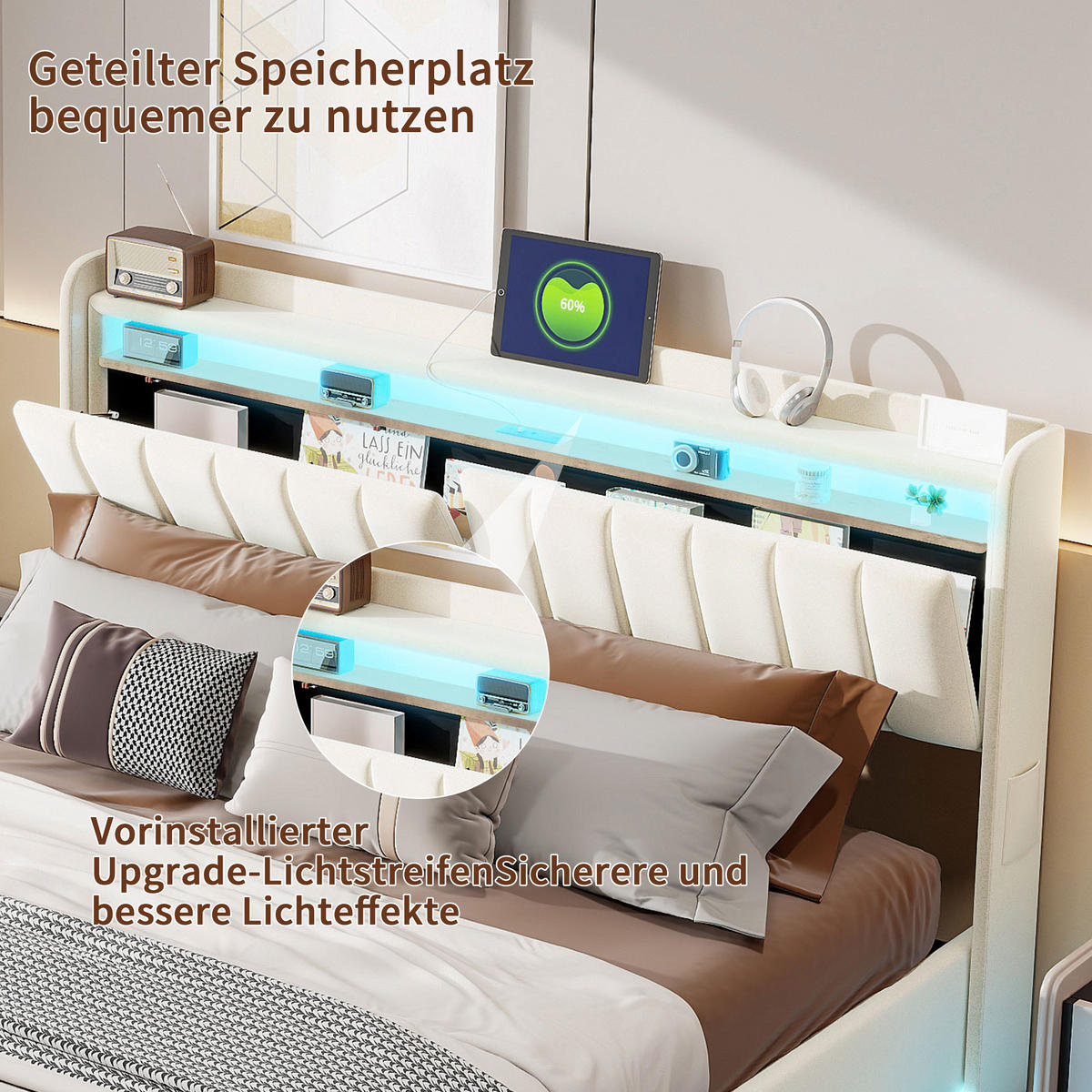 POLSTERBETT 140x200 cm mit LED, Bettkasten & USB, Beige - Beige, Metall (140/200cm) - EuroLiving