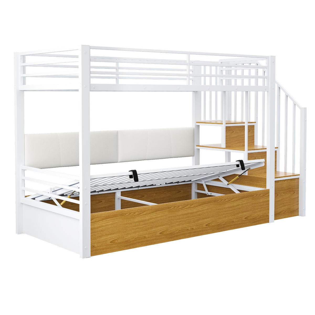 HOCHBETT 90/200 cm aus Metall und MDF mit hydraulischem Stauraum, PU-Rückenlehne und Treppe mit Fächern, Weiß - Weiß, Metall (90/200cm) - Redom