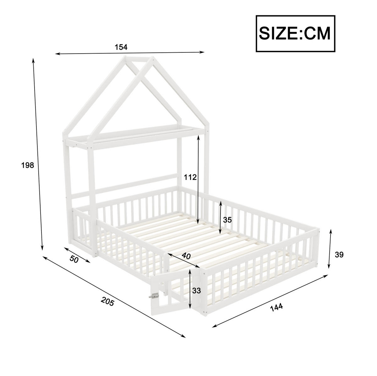 KINDERBETT 140/200 cm aus Holzwerkstoff mit Dach, Stauraum, Tür und Lattenrost, Weiß - Weiß, Holzwerkstoff (140/200cm) - Redom