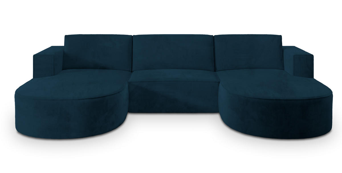 WOHNLANDSCHAFT VEZZO M Blau Velours-Stoff mit Schlaffunktion - Blau, Holz (347/85/174cm) - MASSENO